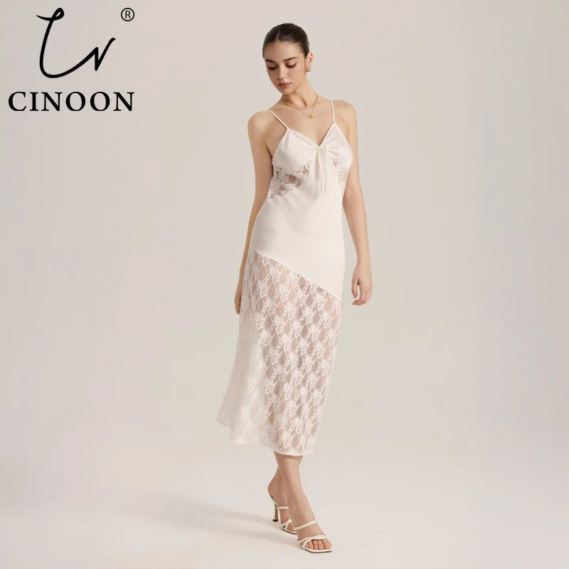 

CINOON женская сексуальная атласная ночная рубашка с кружевными вставками, сексуальная элегантная однотонная сетчатая нижнее белье макси, шелковистая прозрачная ночная рубашка с открытой спиной