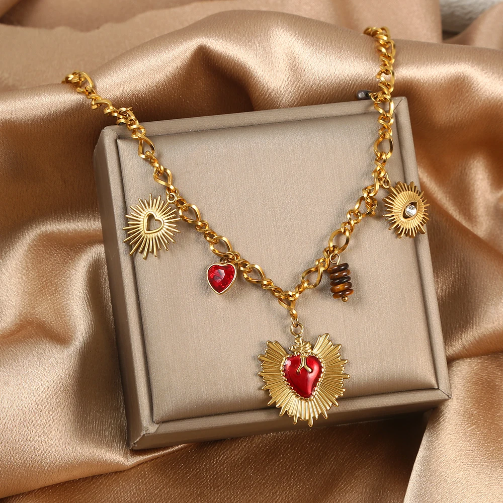 AURORA Y2K-Stil Halsketten mit rotem Herzanhänger für Damen, Edelstahlschmuck, Choker-Halskette mit heiligem Herz Jesu – Detail 4