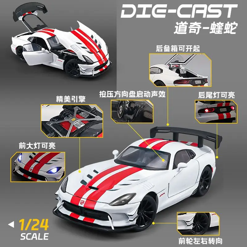 1:24 Scale Alloy Car Model For Dodge Viper Diecast Sports Car With Pull Back Sound Light Collectible Gift For Fans view 2