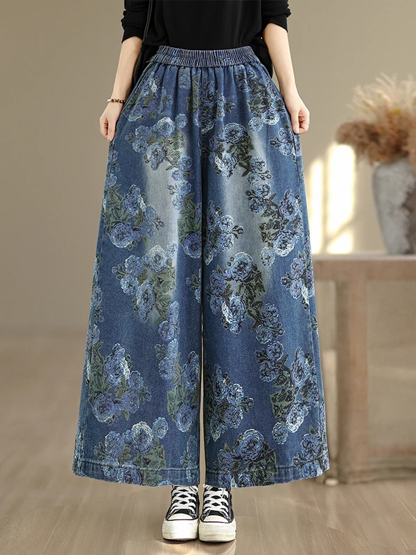 Neue Chinesische Sle Personalisierte Druck Breite Bein Jeans frauen Lose Fit plus Größe Gerade Geschnitten Hosen Retro Baumwolle Polyester