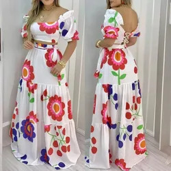 2024 Spring Summer New Women's Clothing off-Shoulder Flower Print Top Skirt 2-Piece Set Non-Positioning Printing-with Belt