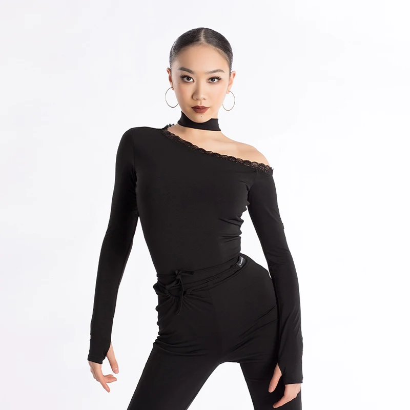 

2024 New Women's Latin Dance 2 Piece Suit Adult Samba Training Dress Slanted Sling Long Sleeve Tops High waisted pants XH794