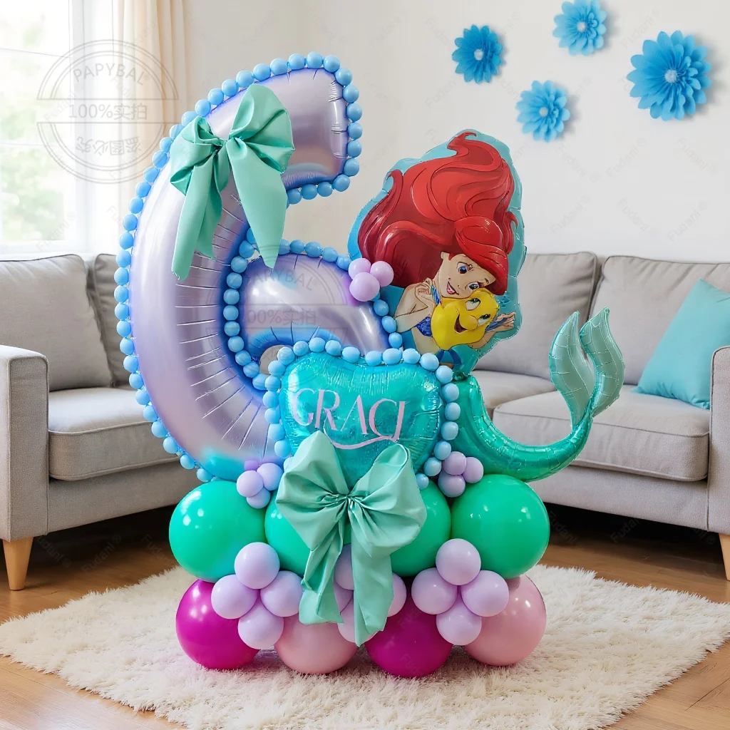 53 Uds. Globos de fiesta temáticos de princesa sirena Ariel de dibujos animados número púrpura 1-9 Globos de aluminio para niñas suministros de decoración para fiesta de cumpleaños