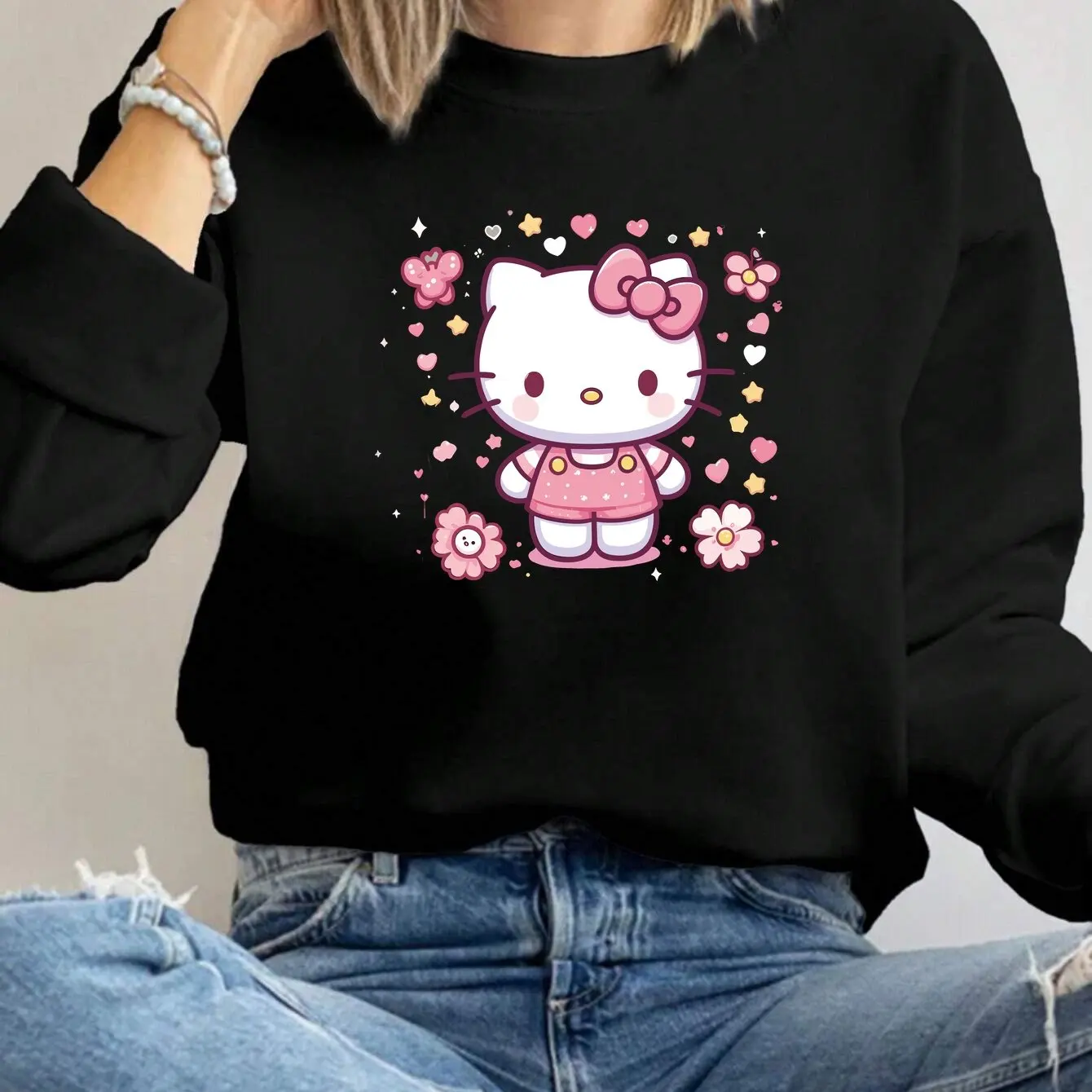 سويت شيرت نسائي برقبة دائرية من Sanrio Hello Kitty مطبوع عليه صوف للجنسين كاجوال للخريف والشتاء مقاس كبير