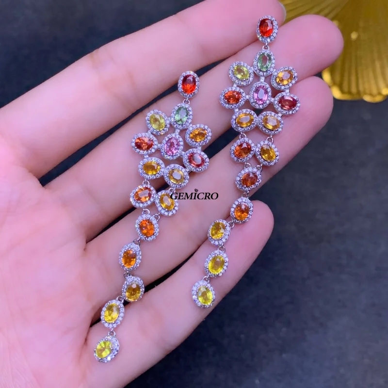 Luxury Genuine Natural Colorful Sapphire Drop Earring for Women Engagement Wedding Gift with 925 Sterling Silver 32pcs 3x4mm Gem