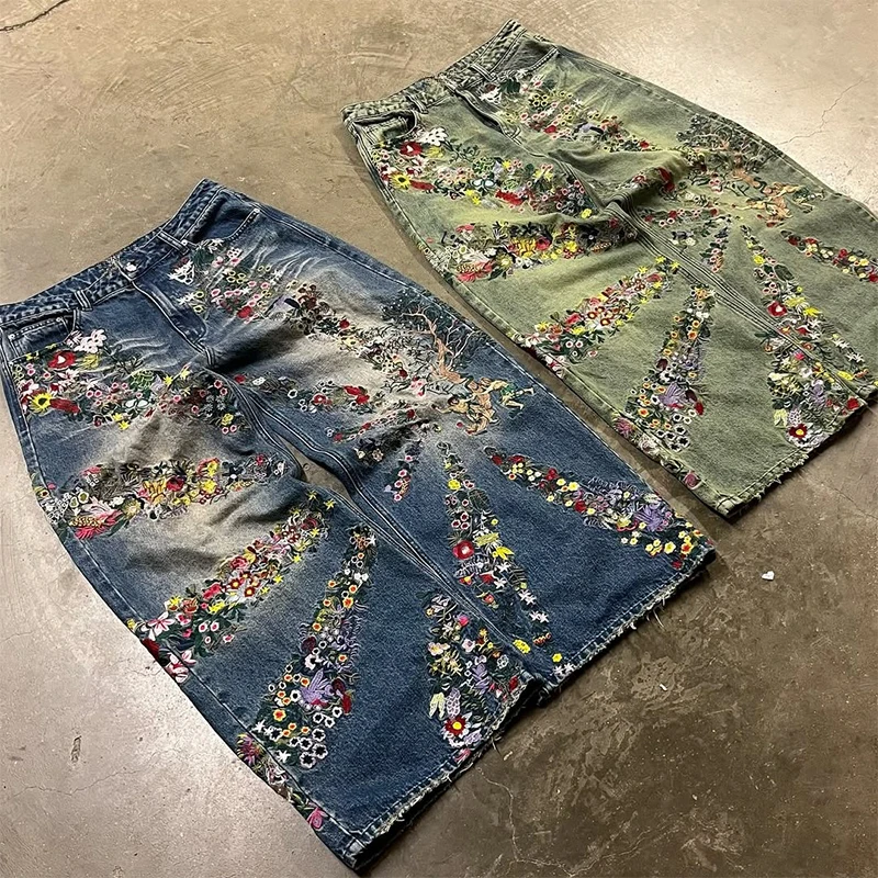 Y2K Jeans lavati vintage con motivo floreale artistico ricamo a vita alta jeans larghi a gamba larga tendenza uomo donna moda streetwear