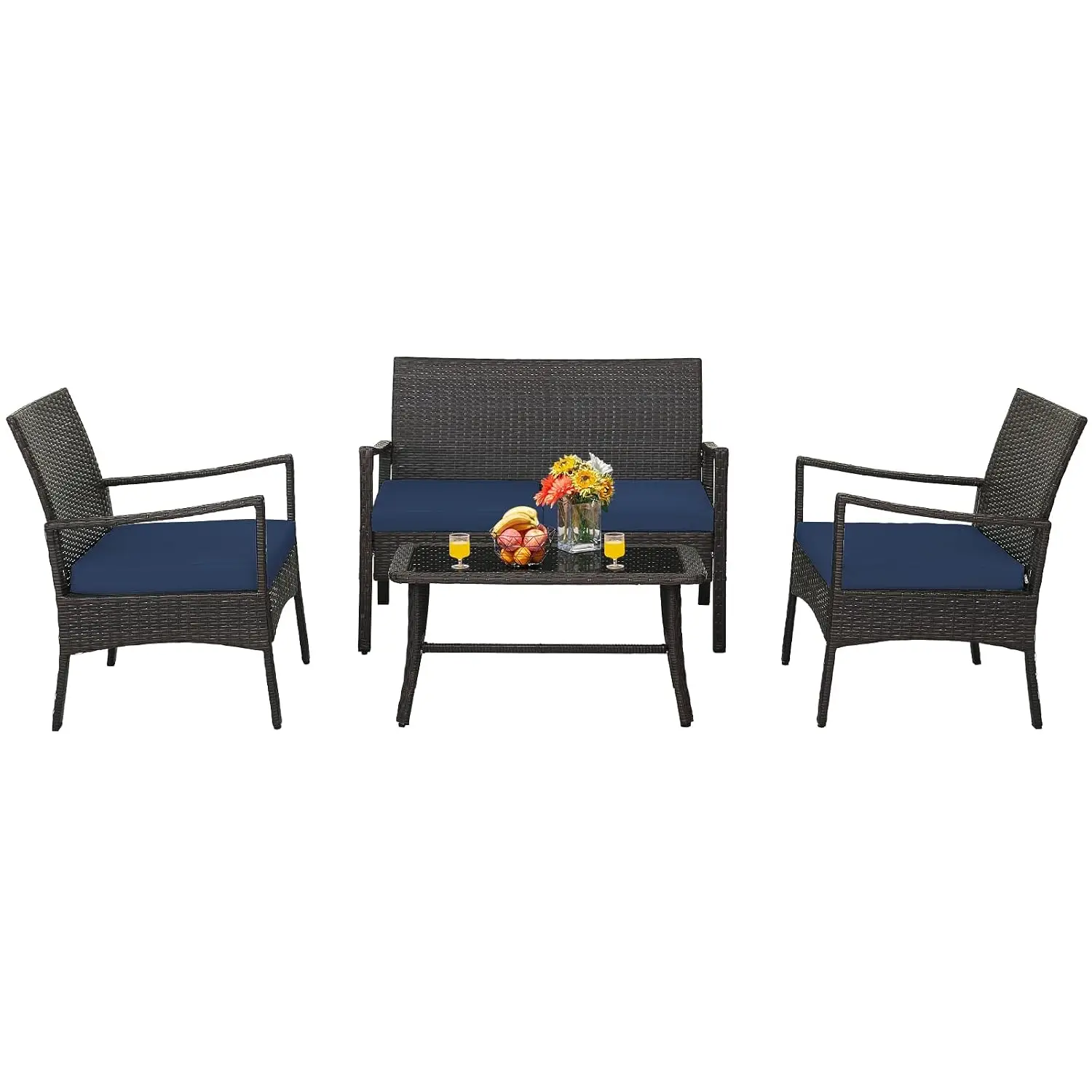 4-Piece Rattan Patio Sofa Set with Tempered Glass Table, Wicker Loveseat & Chairs for Poolside, Courtyard, Balcony, Customized