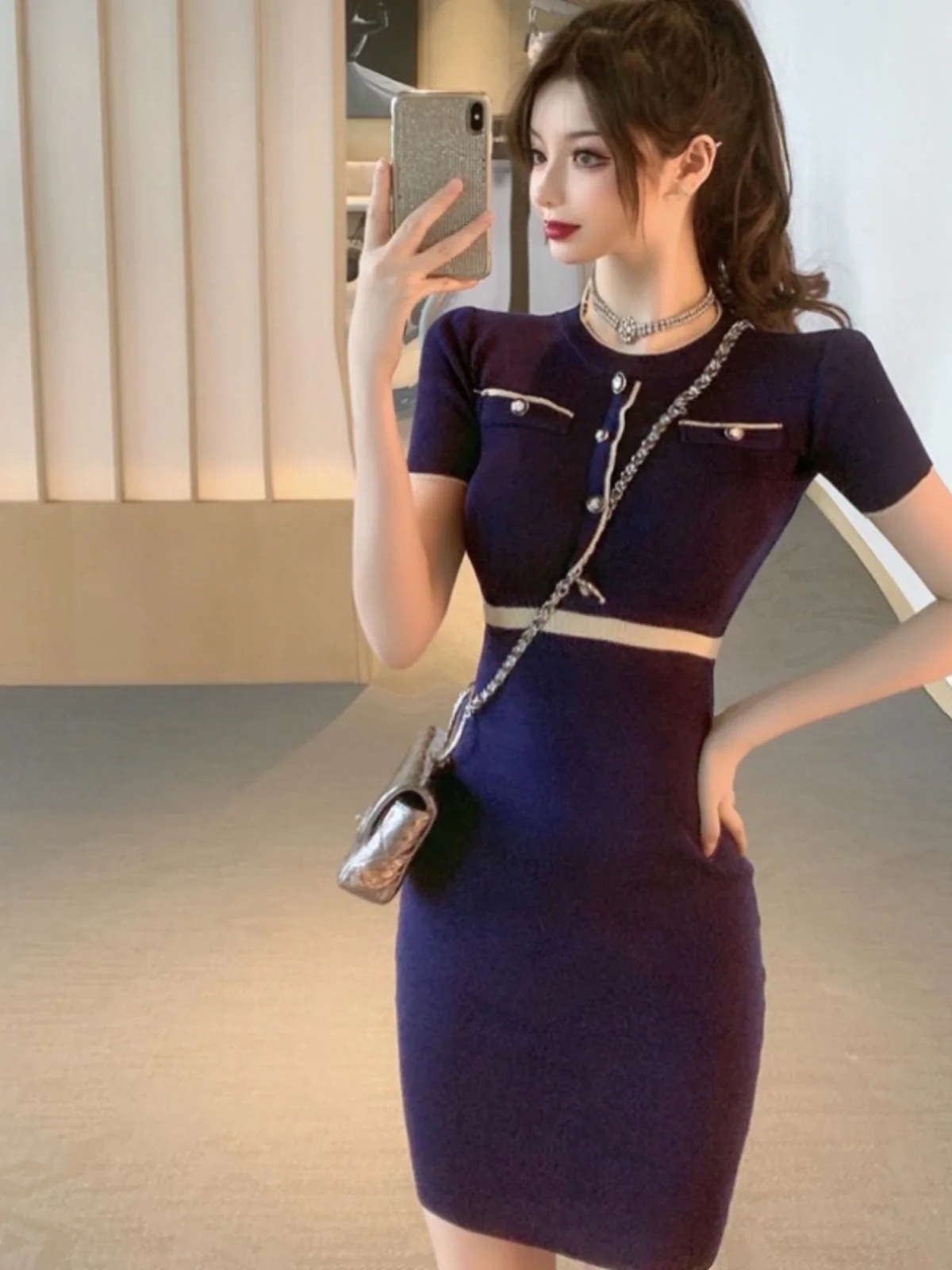 Vestido retrô f em tricô, estilo envelope, modelagem slim, camada base, novidade de primavera, saia lápis de cintura a...