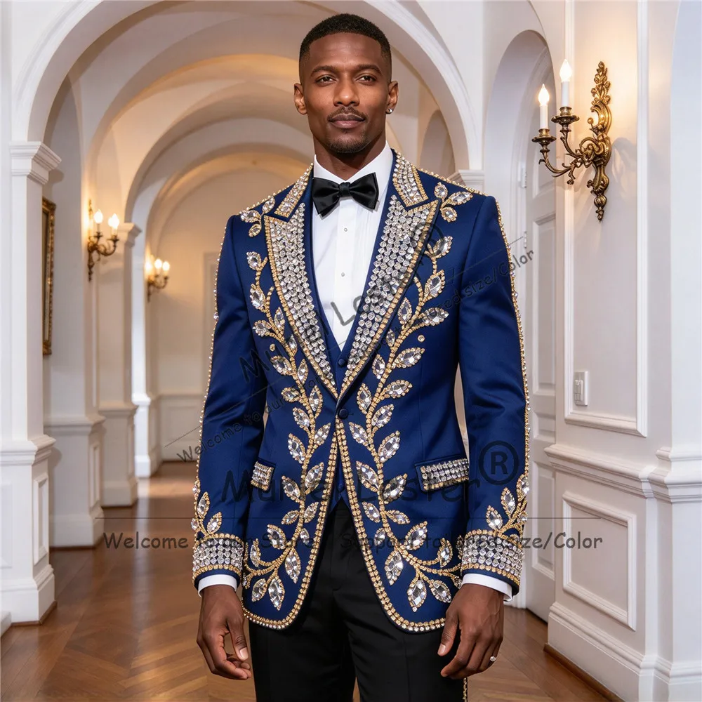 Designer Suit Men For Wedding Sparkly Stones Beaded Jacket Waistcoat Pants 3 Pieces Groom Tuxedo Plus Size Trajes Para Homme