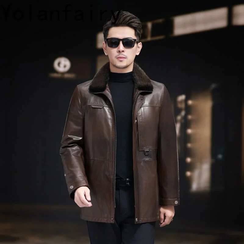 YOLANFAIRY High-end Real Fur Coat Man Warm Parkas Winter Luxury Mink Fur Liner Coats Genuine Goatskin Leather Jacket Men Casaco