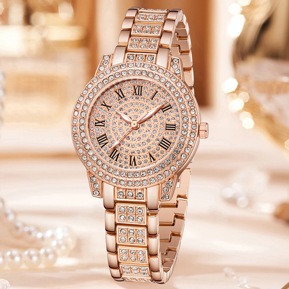 4Pcs/Set Unisex Jewelry Watches Women's Wristwatch Accessories Rose Gold Trendy Fashionable Elegant Classic Exquisite Light Luxury Rhinestone Luxury Roman Numeral Dial Round Dial Quartz Watch Set Y2K Suitable for Travel, Parties, Daily Outfits, Perfect Birthday and Holiday Gift
