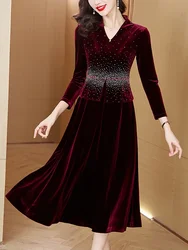 Autumn Winter Red Velvet Patchwork Ruffled Long Dress Fashion Sequins Luxury Female's Dress 2024 Vintage Elegant Evening Dresses