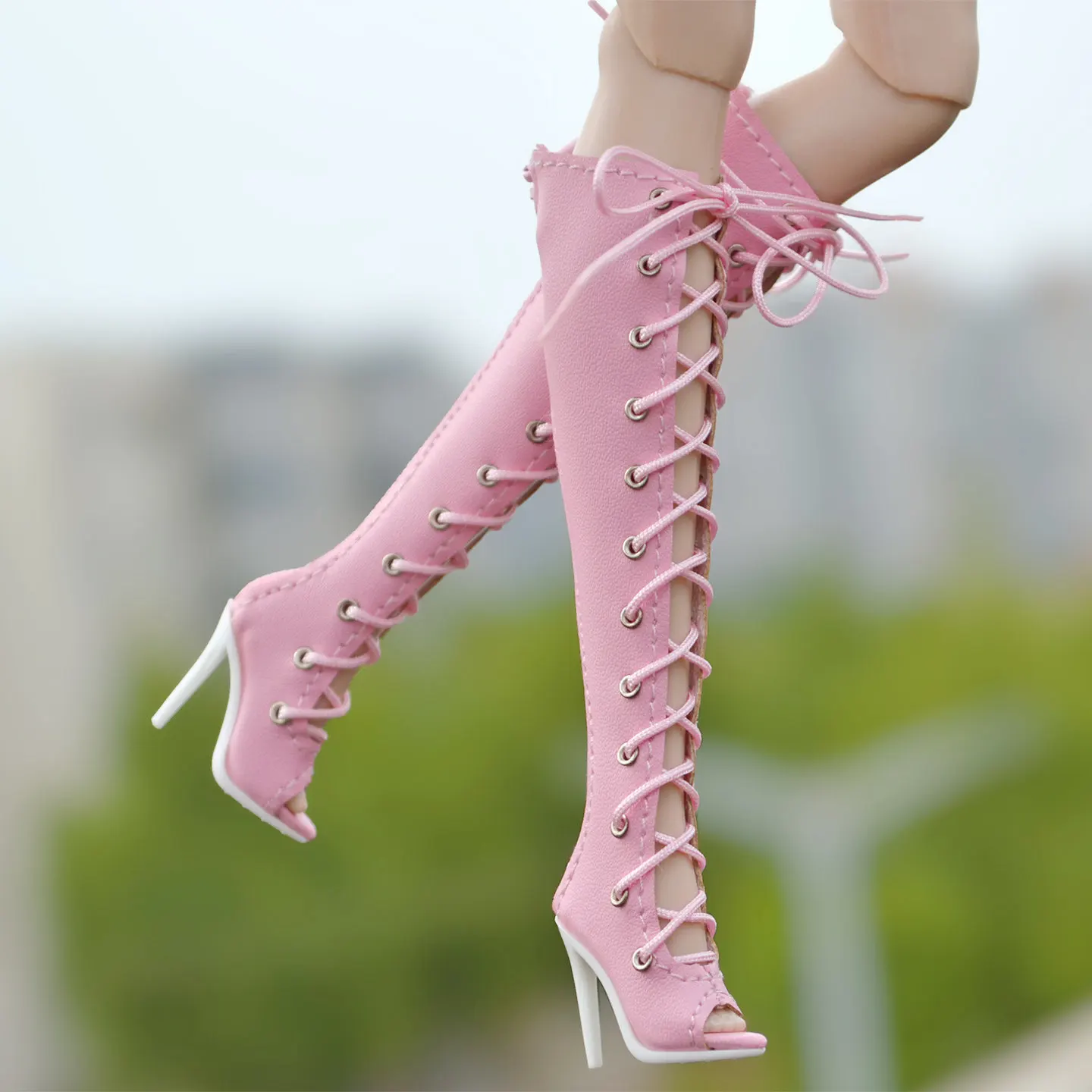 1/6 Doll Shoes Accessories Pink Cutout Lace‑Up Knee‑High Peep‑Toe High Heel Boots For FR NU.face Kissmela Babi Supermodel Doll