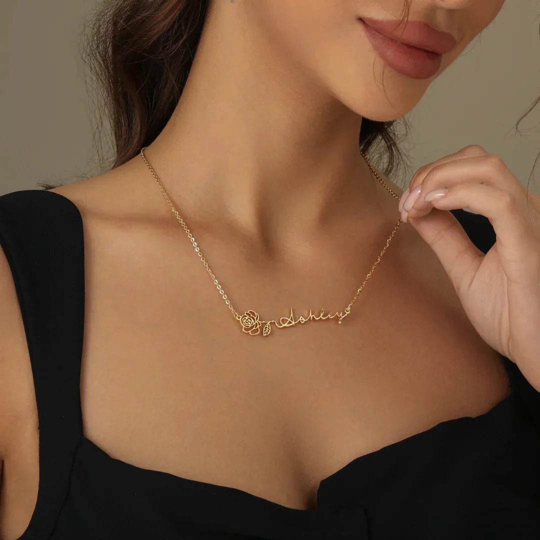 

Ожерелье с именем и цветком на выбор - позолоченная нержавеющая сталь 18K, цветочный дизайн, персонализированный ювелирный подарок для женщин