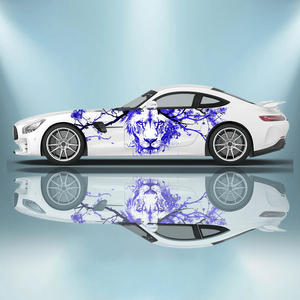 Graffiti art lion splashing flower branches car decal full body floral decoration covering scratches protect car decal waterproo