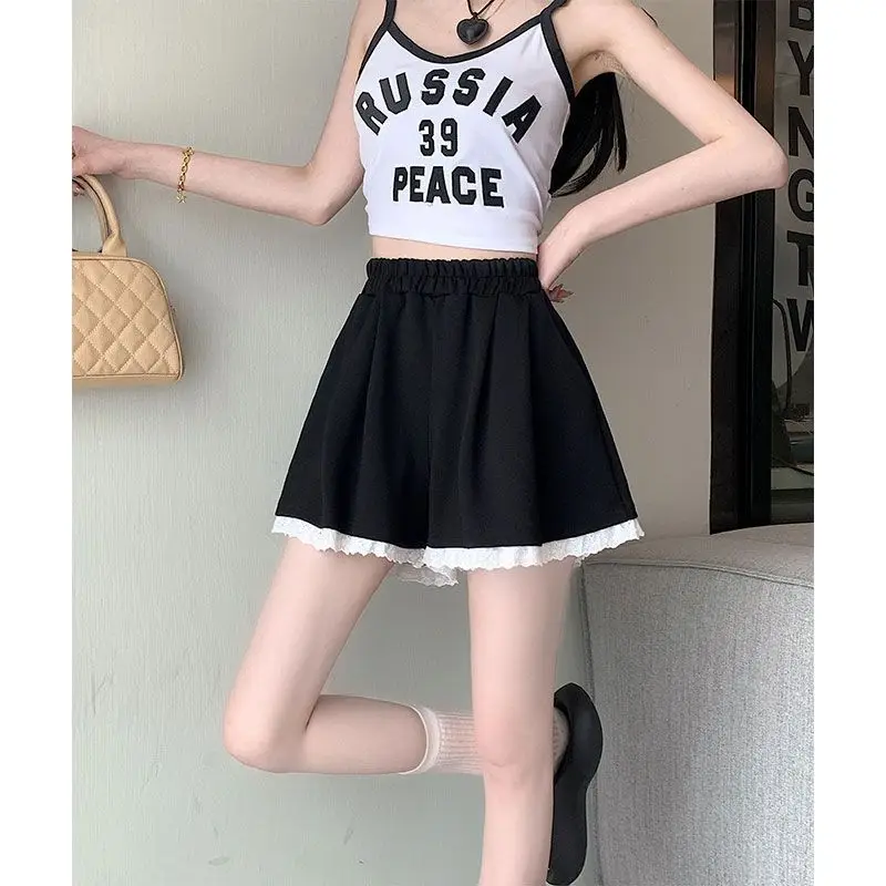 Women Elastic High Waist Lace Ruffle Hem Sweat Shorts Loose Wide Leg Casual Sport Shorts with Side Pockets Bottoms ﻿ ﻿
