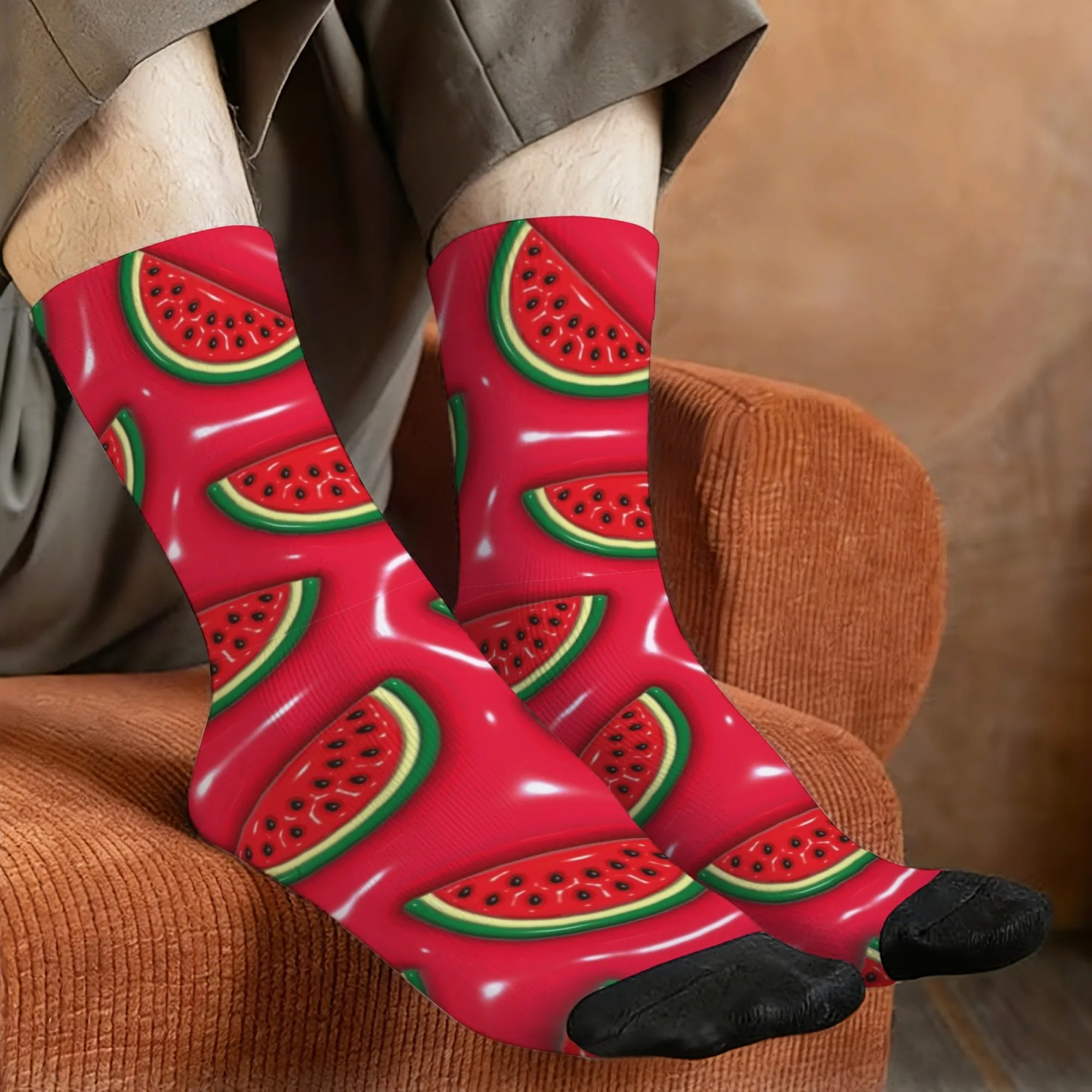 Watermelon Socks Non-Slip Elastic Breathable Men's Socks Travel Casual Running Cartoon Fashionable Street Style Everyday Wear