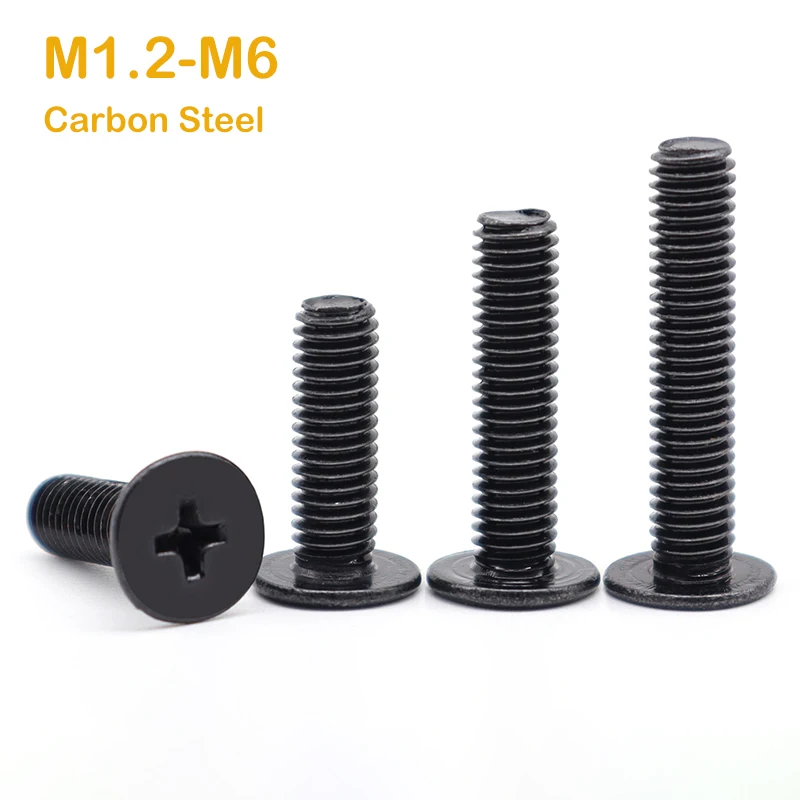 

Углеродистая сталь с черным покрытием M1.2-M6 Cross Phillips Ультратонкий сверхнизкий болт с плоской головкой для ноутбука, ноутбука, телефона, очков и т. д.