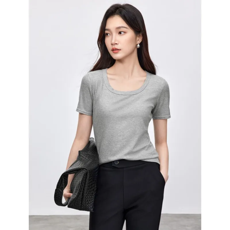 

SENTUBILA Square Neck T-shitrs Women 2025 Summer Solid Color Knitted Comfort Basic Short Sleeved High Strecth Tops W52T87869