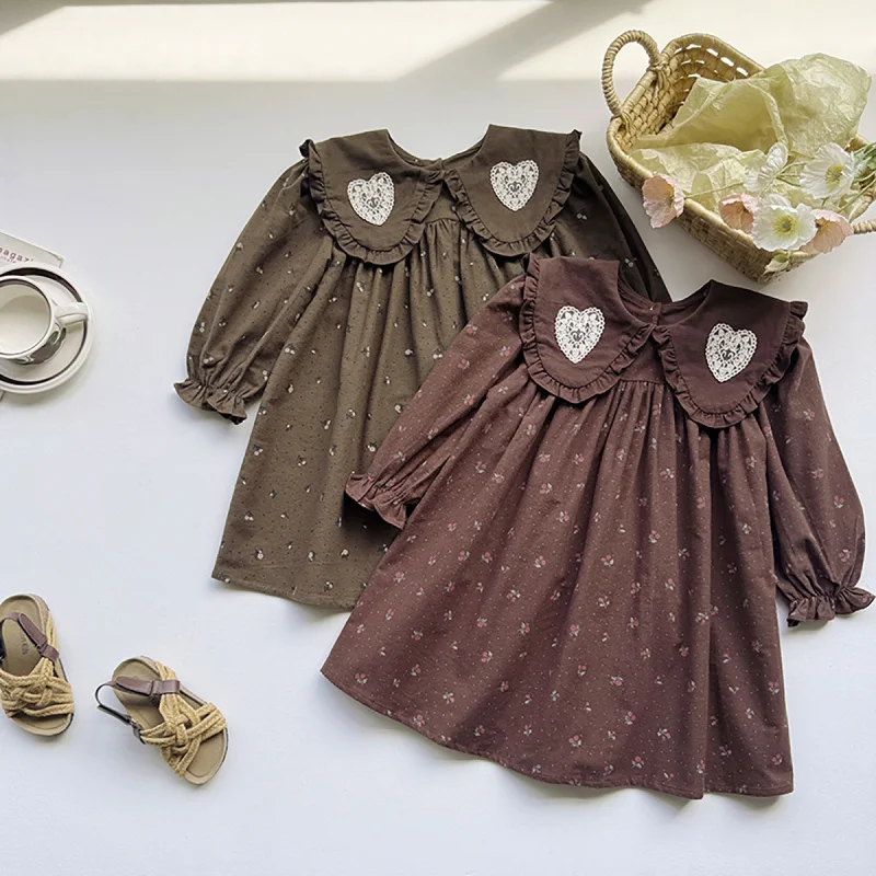 

Children's Floral French Retro Girl Dress2025Autumn New Round Neck Long Sleeve Turn-Down Collar Children's Dress