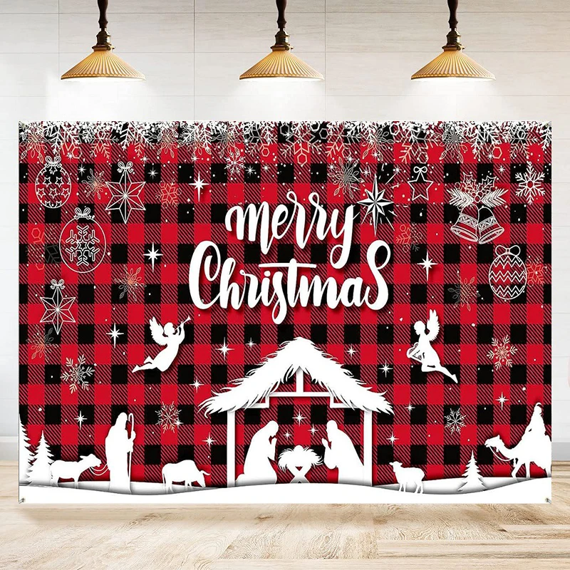 Jesus Birth Photography Backdrop Plaid Xmas Party Background For Winter New Year Xmas Eve Supplies Decorate Banner