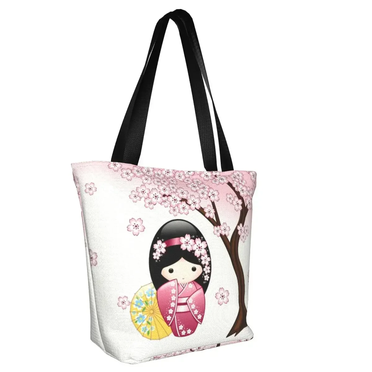 Custom Japanese Kokeshi Doll Shopping Canvas Bags Women Reusable Groceries Cute Girly Sakura Cherry Blossom Tote Shopper Bags