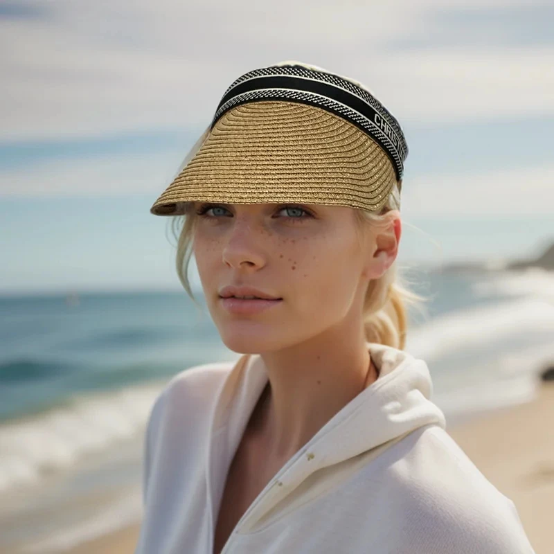 Sombrero de paja tejido a mano para mujer, gorro de viaje para playa, protección solar, Simple, ajustable, elástico, hueco, Top, Verano