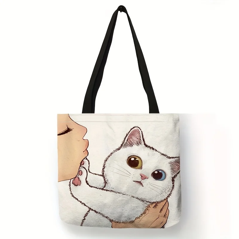 Niedliche Einkaufstasche mit Cartoon-Katzen-Aufdruck, Umhängetasche mit großem Fassungsvermögen, lässige Damenhandtasche für den Einkauf in der Arbeit, in der Schule – Detail 10