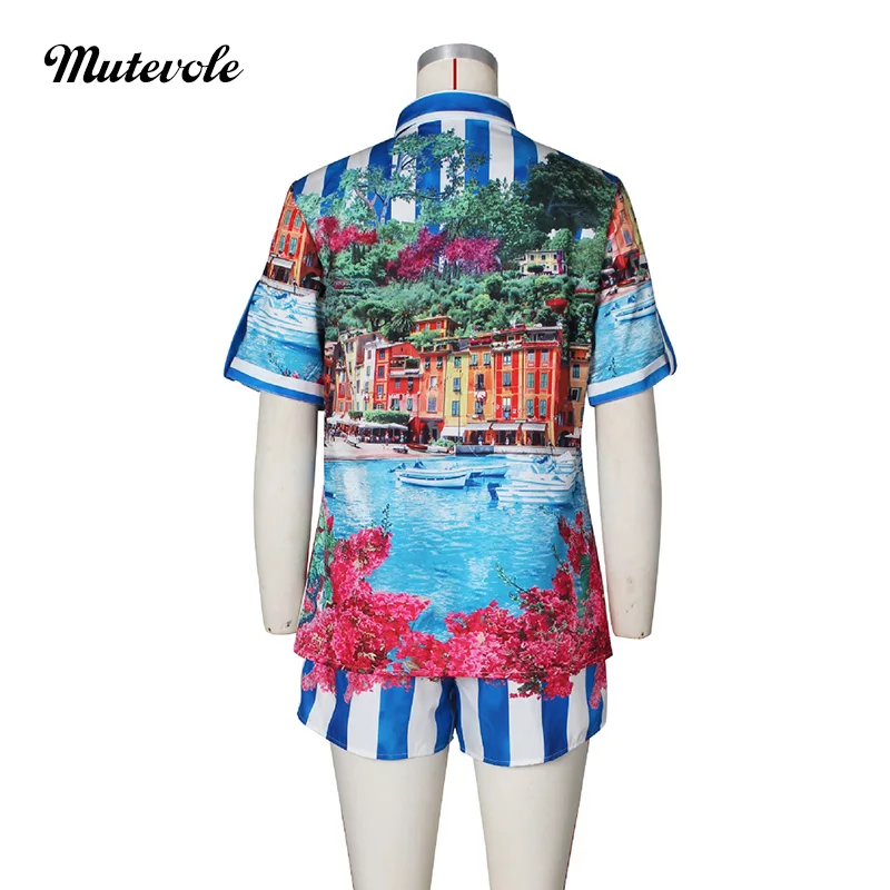 Mutevole الصيف عطلة الشاطئ ملابس النساء قطعتين مجموعات زر القمصان الرباط السراويل