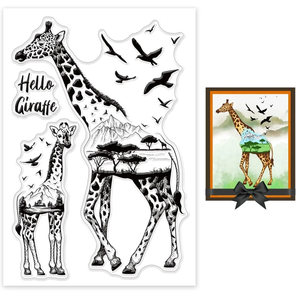 Animal Giraffe Silicone Clear Stamp Tree and Bird Transparent Silicone Stamp Realistic Landscape Rubber Stamp for Scrapbook