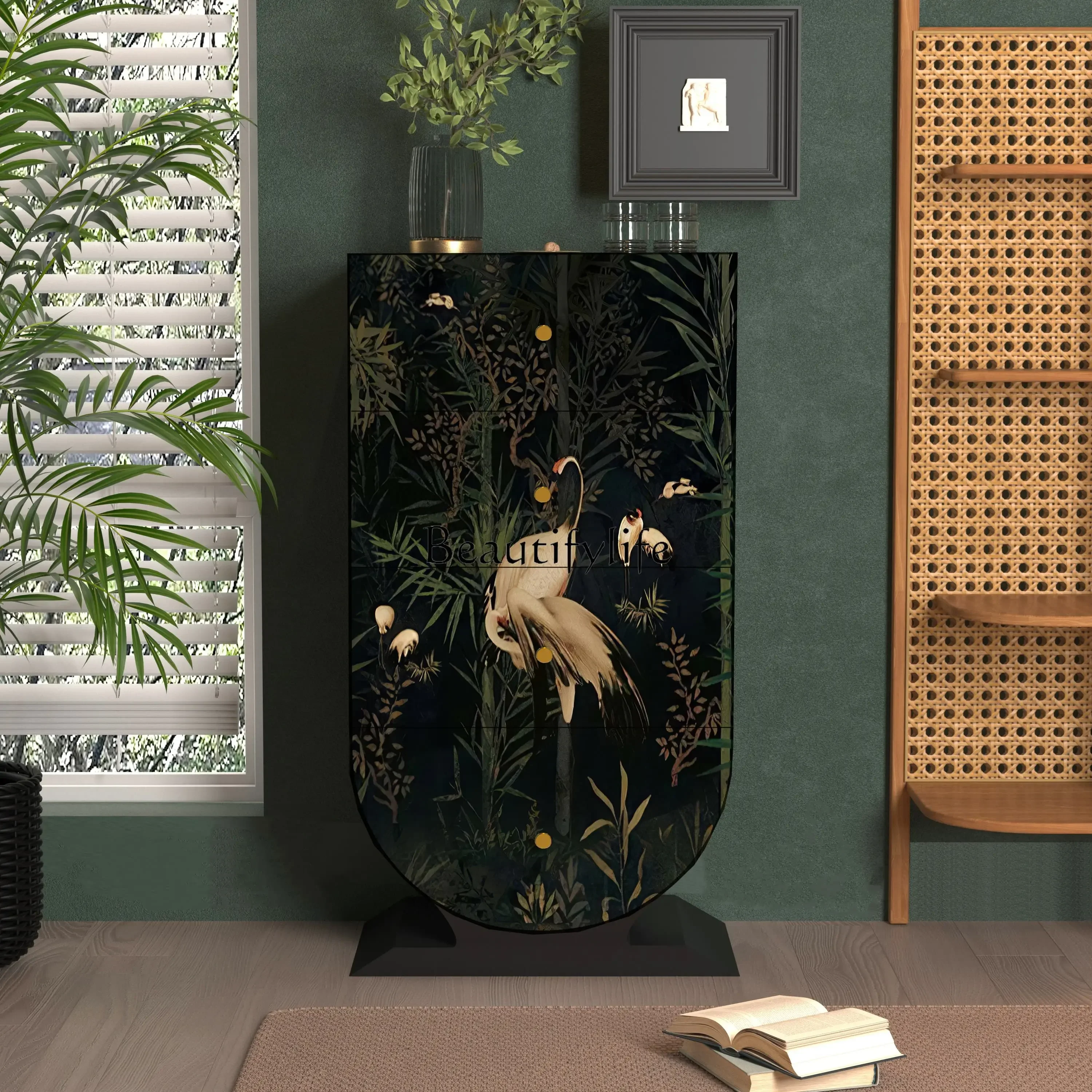 06خزانة من الخشب الصلب المطلي بأربعة صدر، وغرفة معيشة، وإقامة منزلية، وخزانة تخزين مدمجة على الحائط #1