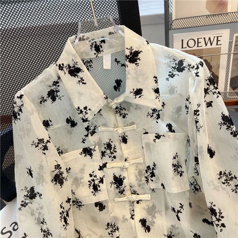 New Chinese-style Sun-protective Shirt Women Summer Thin Cardigan Unique Distinctive Printed Long-sleeved Shirt Button-up Top