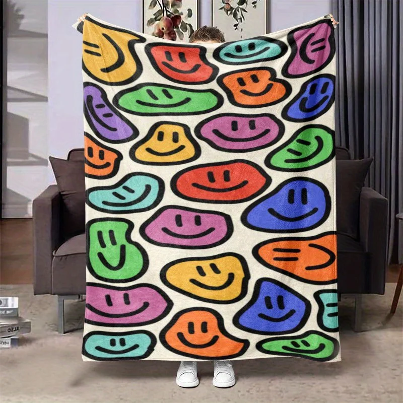 Smiling Faces Joy Blanket Reversible Flannel Throw for Happy Decor AllSeason Comfort Playful Pattern Gift