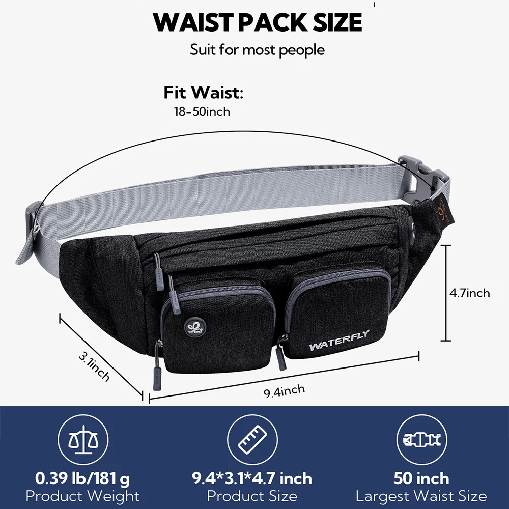 WATERFLY Fanny Pack Waist Bag Travel Hip Pouch Bum Bag Plus Size Crossbody Fannie Pack Adjustable Belt For Man Woman Hiking