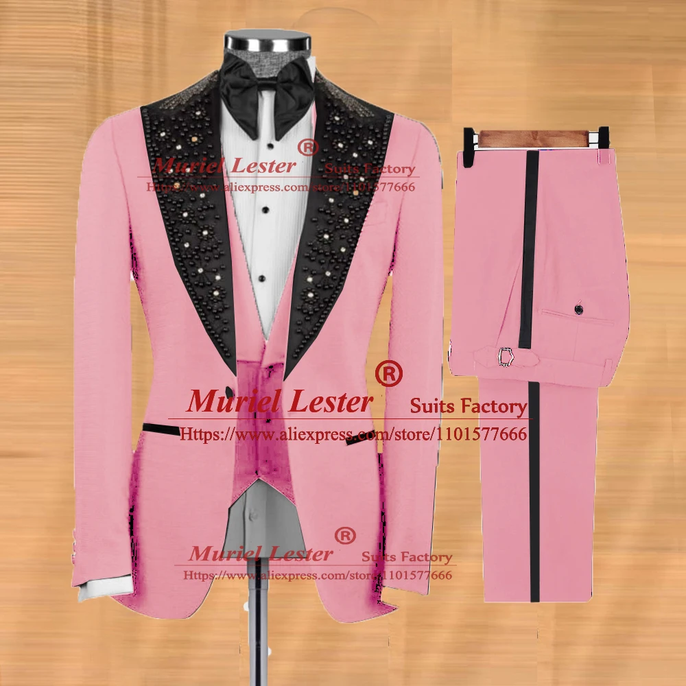 

Hot Pink Men's Suits Business Office Wear Hand Sewn Black Laple Jacket Male Fashin Formal Party Groomsmen Tuxedo Custom Made