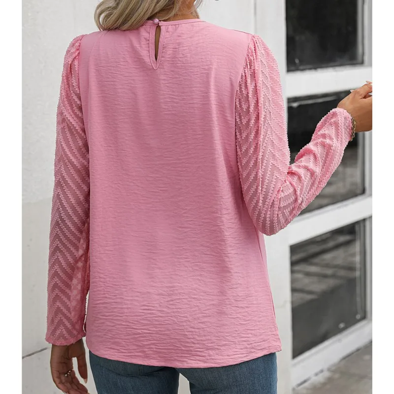 2024Spring and Autumn New Solid Color Casual Fashion Women's Round Neck Folded Chiffon Perspective Long Sleeve Temperament Shirt