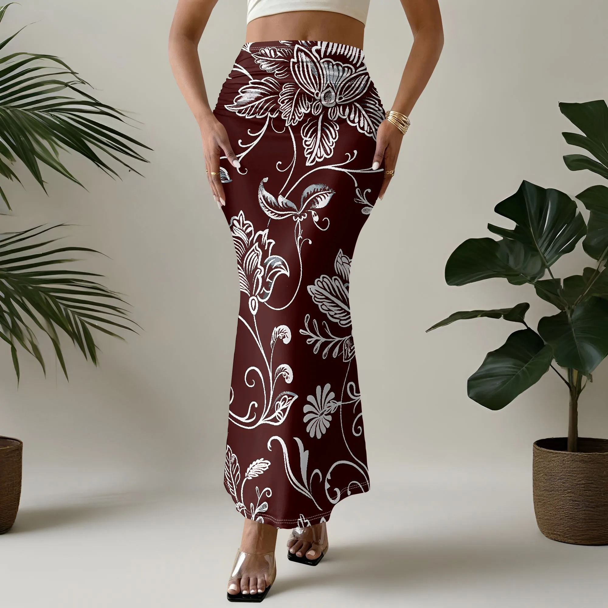 Floral Mermaid Skirt, White Leaf Print Maxi Skirt, Boho Long Skirt for Women, Beach Party Wear, S-2XL