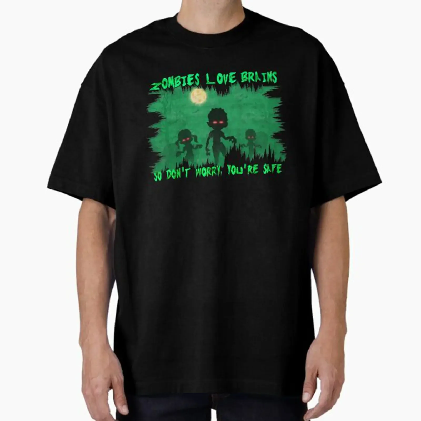 Zombies Love Brains So You're Safe Funny Halloween T Shirt Oversized vintage Washed Breathable Casual graphic fashion Stretched