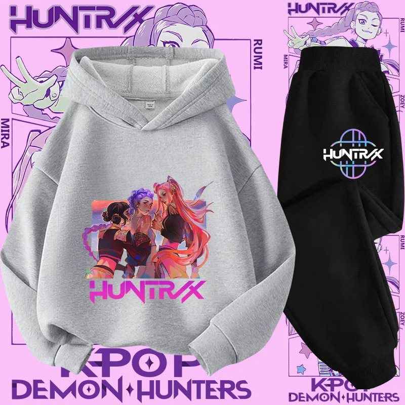طقم ملابس رياضية للفتيات من K-pop Demon Hunter مكون من قطعتين - تصميم جديد - قميص كاجوال لطيف للأطفال - طقم بقلنسوة مع طباعة كرتونية