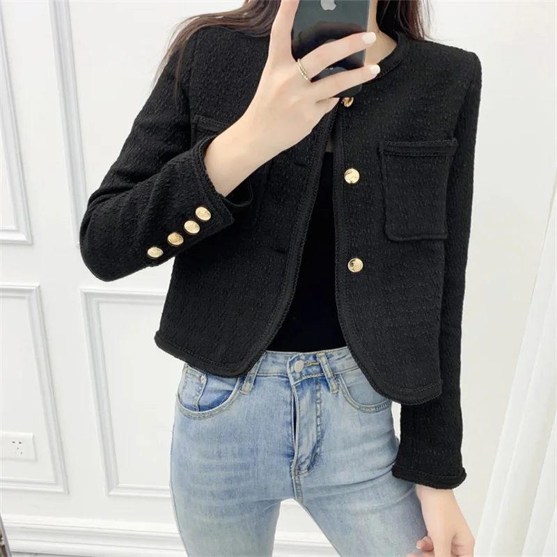 Runway New Autumn Korean Women\'s Clothes Luxury Chic Tweed Woolen Coat Retro O-Neck Long Sleeve Jacket Tops Outwear 2022 Female