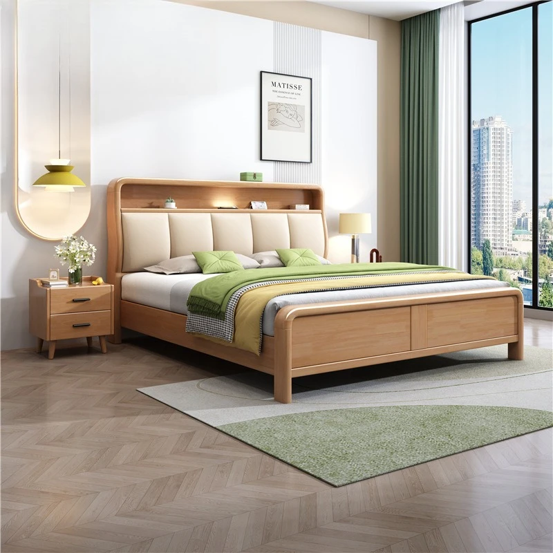 Nordic เตียงไม้เนื้อแข็ง 1.8m ห้องนอนเตียงคู่ 1.5m usb log พร้อมโคมไฟโมเดิร์นสูงกล่อง