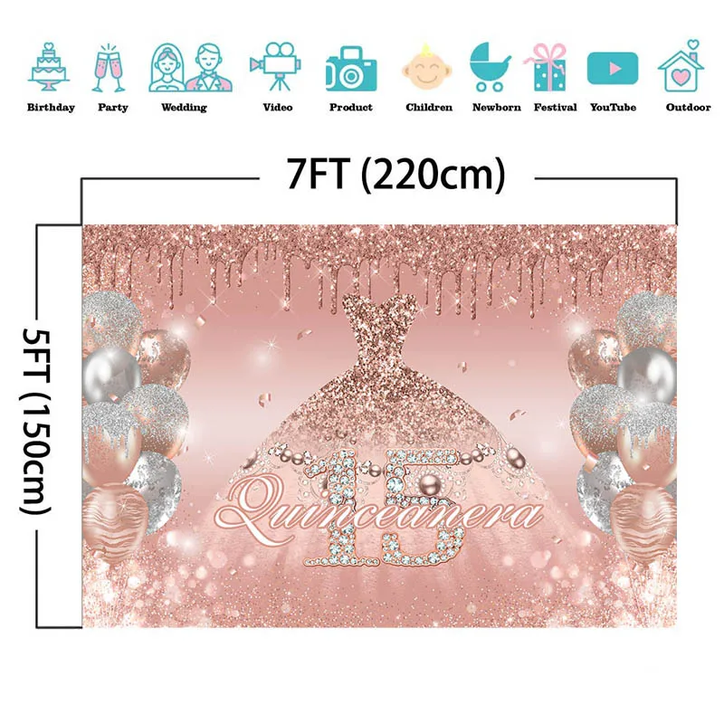 Quinceanera 15 16th Princess Birthday Party Backdrops Sweet Girl Pink Dress Glitter Balloon Decor Girl Portrait Photo Background