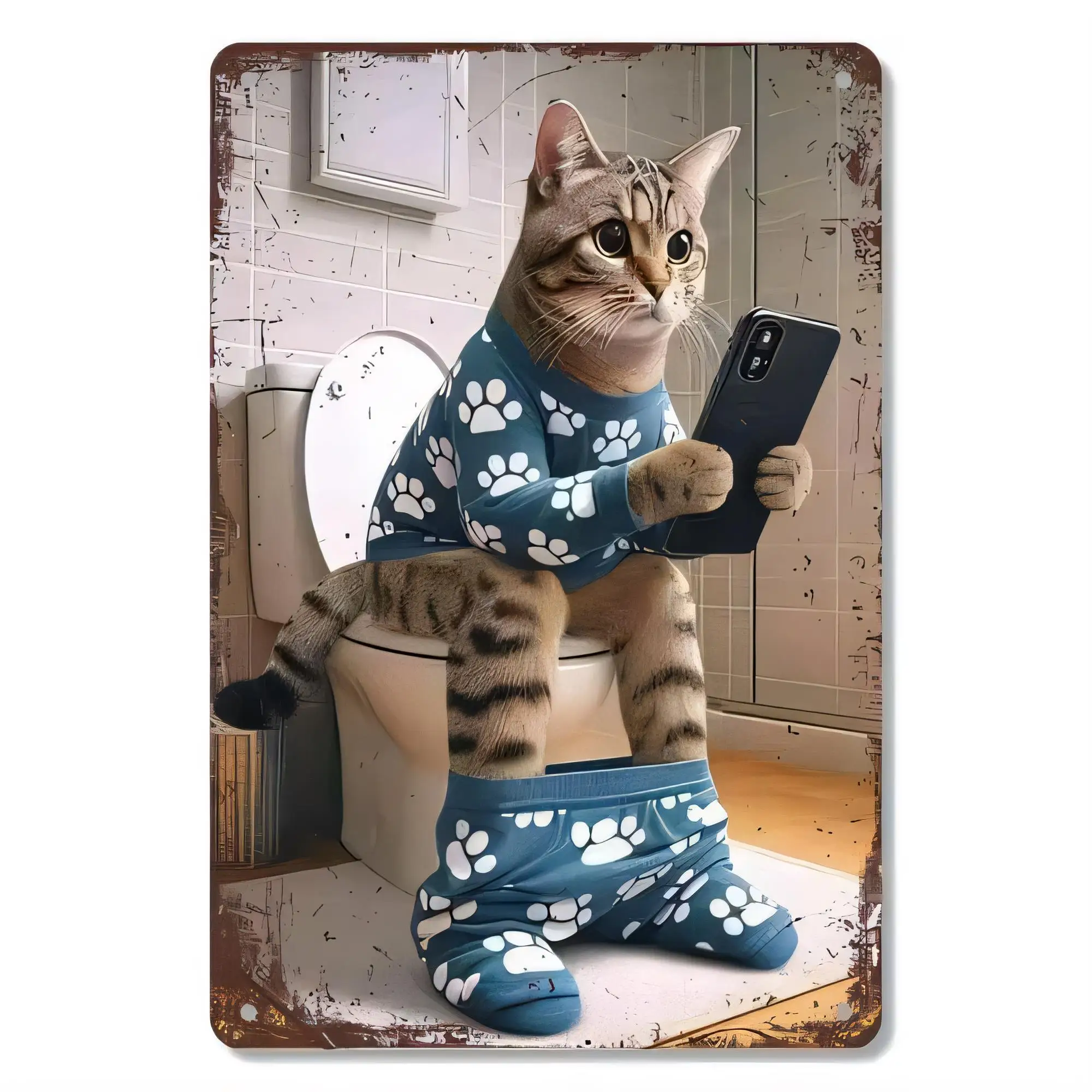 Tin Sign Cute Cat Wearing Blue Pajamas with Paw Print Pocket Cartoon Retro Metal Wall Plaque for Home Decor Kitchen Bathroom Gar