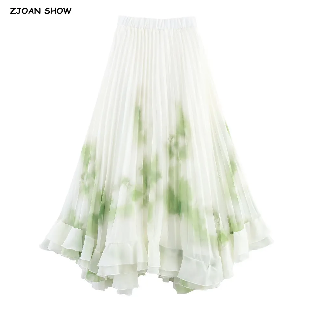 

2025 Romantic Women Gradient Tie-dye Print Elastic Waist Maxi Pleated Skirt Wood ears Ruffles Hem Long Asymmetrical Skirt Summer