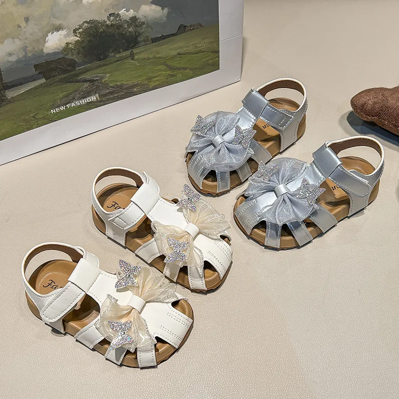 

2025 Summer Children's Roman Sandals Butterfly Knot Closed-Toe Girl's Princess Shoes Soft-Soled Toddlers Casual Beach Footwear