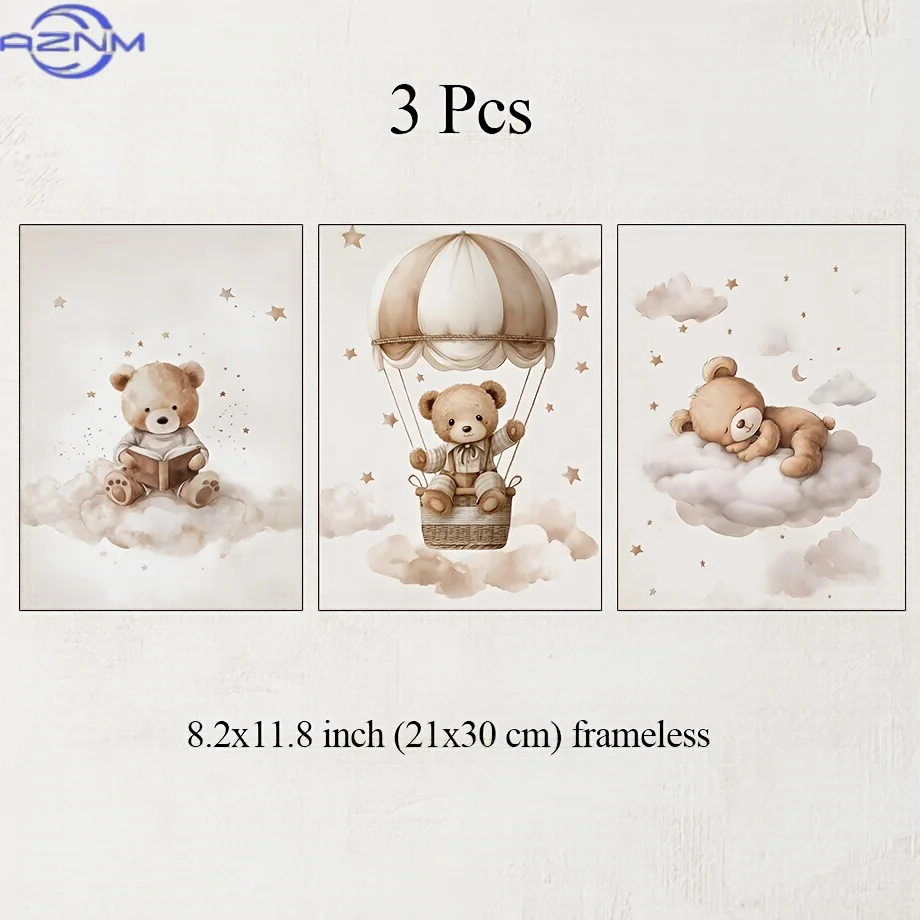 3pcs Bohemian Style Teddy Bear Nursery Wall Art - Frameless Canvas Prints with Stars & Clouds, Adorable Bear in Hot Air Balloon,