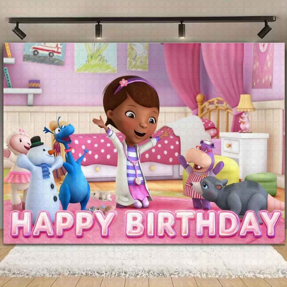 لعبة Doc McStuffins لتزيين حفلات أعياد الميلاد للطبيب، خلفية لطيفة على شكل فتاة كرتونية للأطفال، خلفية دعامة للصور، مستلزمات استحمام الطفل #2