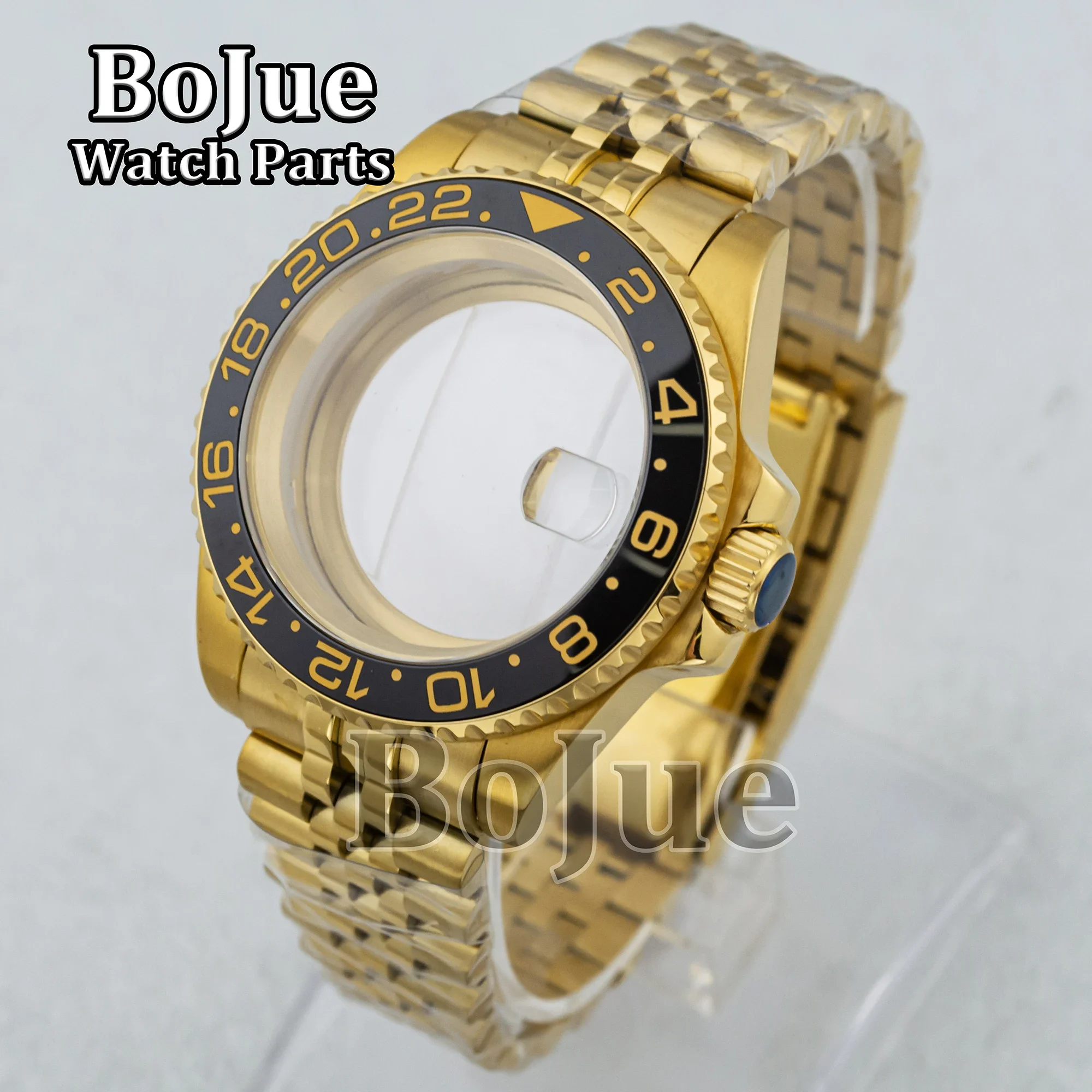 

Gold PVD 40mm Watch Case Jubilee Bracelet Strap Sapphire Crystal Clear Back For NH34 NH35 NH36 Movement 28.5 Dial Gmt-master II