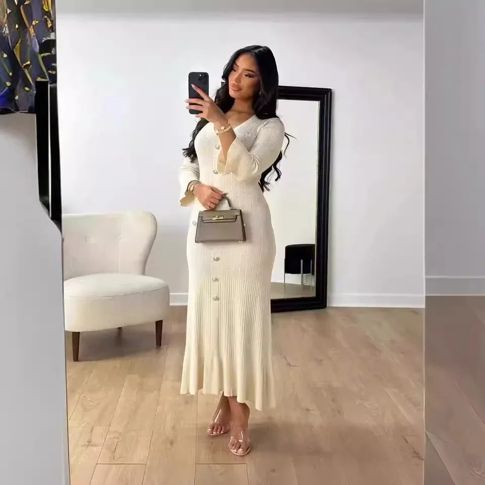 الخريف الشتاء أنيقة زرر محبوك فساتين ماكسي للنساء مثير الخامس الرقبة طويلة الأكمام زر Bodycon فستان الحفلات أبلى