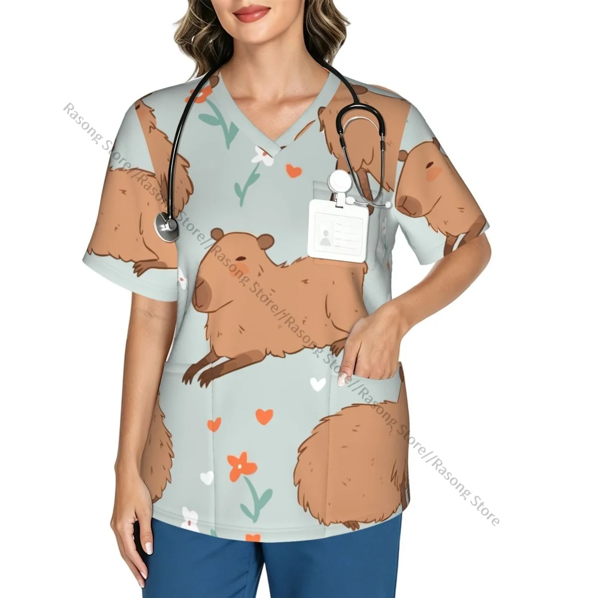 Women's Medical Scrub Top V Neck Short Sleeve Cute Capybara Wild Flower Stretch Nursing Uniform for Hospital Clinic